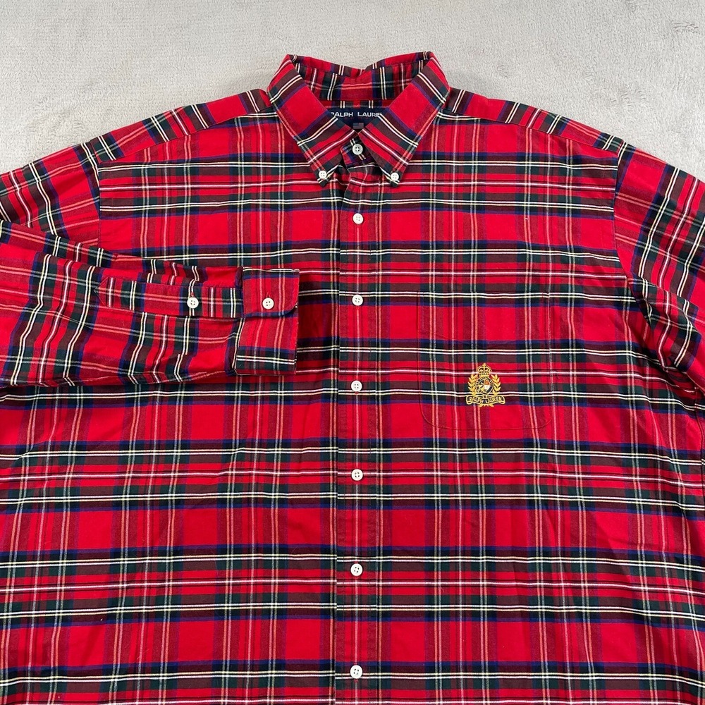 Vintage Ralph Lauren Sport Oxford Shirt Men XL Red Tartan Plaid Crown Crest NWOT